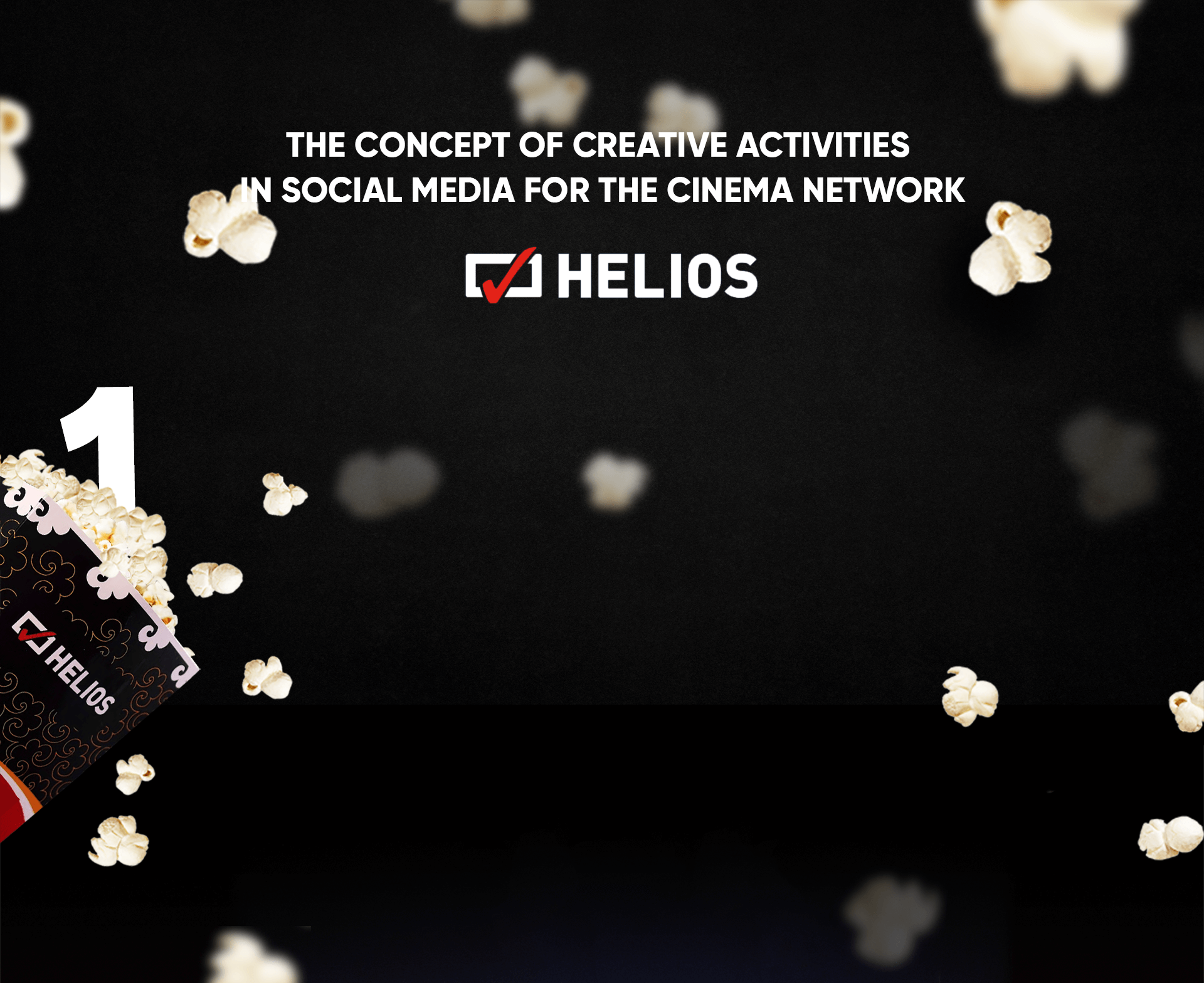 Helios logo and copy on black and popcorn background